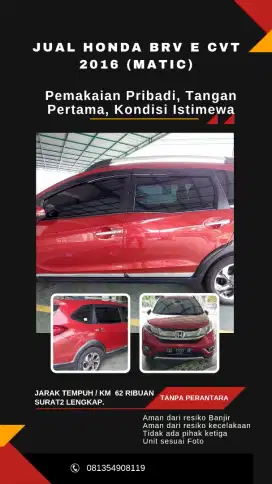 Dijual Honda BRV E CVT (Matic) 2016, Tangan Pertama, Kondisi Istimewa.