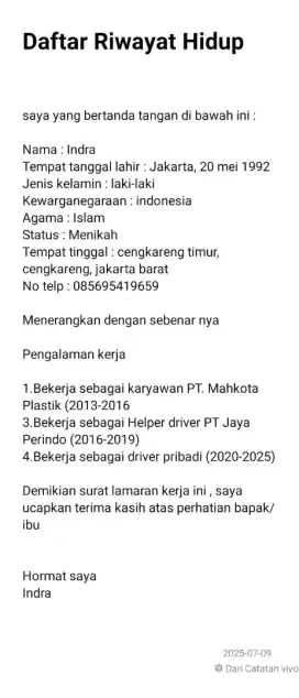 Saya mencari pekerjaan sebagai supir pribadi/kantor