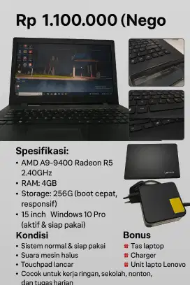 Laptop Lenovo AMD A9 | SSD 256GB | RAM 4GB | 15 | Windows 10 Pro