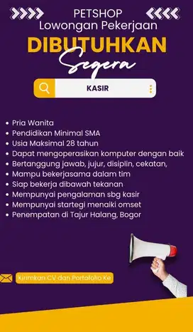 LOWONGAN KERJA KASIR+ GROOMER PETSHOP