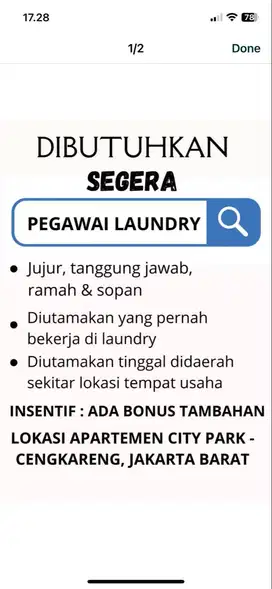 Dicari Segera Pegawai Laundry