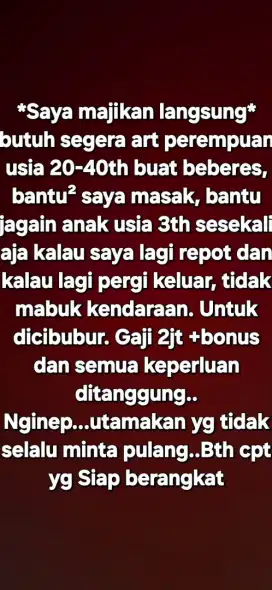 Dibutuhkan Asisten Rumah Tangga (ART)