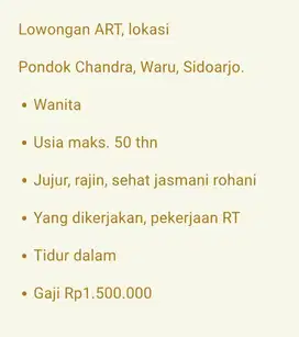 Dibutuhkan ART wanita
