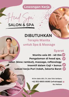Dicari Terapis Headspa, Pijat, Refleksi