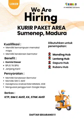 LOWONGAN KERJA KURIR MOTOR EKSPEDISI MADURA (SUMENEP & PAMEKASAN)