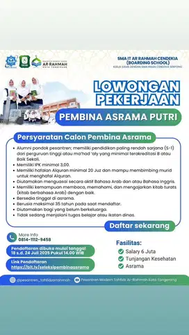 Lowongan pekerjaan pembina asrama putri