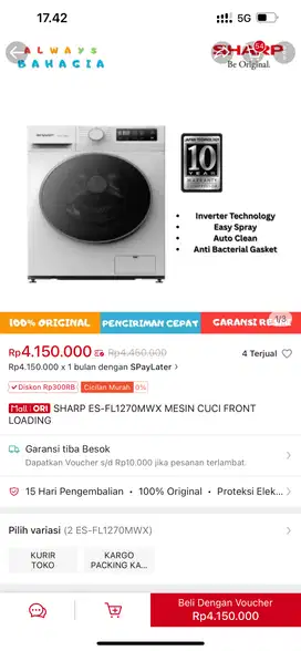 ￼SHARP ES-FL1270MWX MESIN CUCI FRONT LOADING