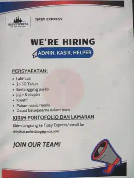Butuh cepat admin,kasir, helper cafe