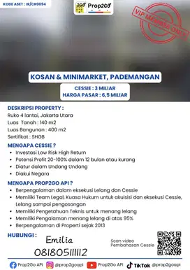 CESSIE KHUSUS INVESTOR   RUKO 4 LANTAI  ,PADEMANGAN, JAKARTA UTARA