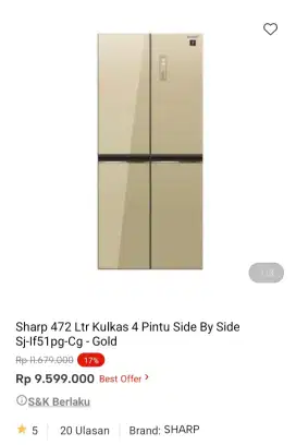 PROMO KREDIT SHARP 472 LTR KULKAS 4 PINTU SIDE BY SIDE