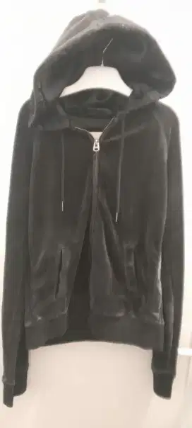 Jaket hoodie bahan velvet hitam pekat teen/skinny ladies