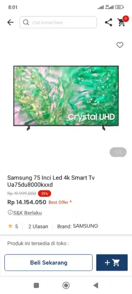 Samsung 75inci LED 4k smart tv ua75du8000