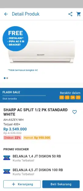 sharp AC split 1/2 pk standar white