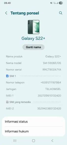 Hp Samsung S22+ 256 GB Warna Hijau (Karena BU)