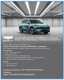 Lowongan Sales Mobil Listrik Geely