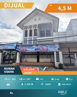 Dijual Rumah Usaha Posisi Hook di Araya Malang