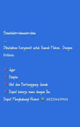 Dicari Karyawati Rumah Makan