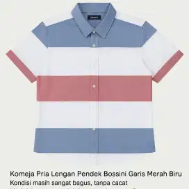 Kemeja Pria Lengan Pendek Bossini Garis Merah Biru Putih M ms spt Baru