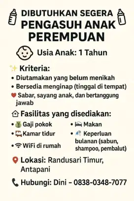 Pengasuh Anak Perempuan usia 1thn