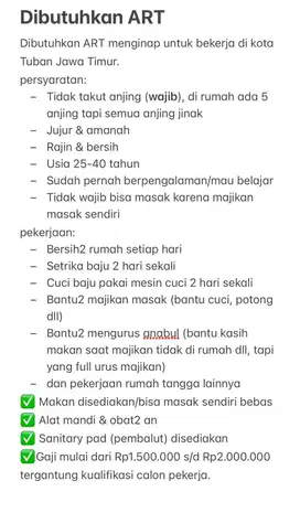 Dibutuhkan ART menginap lokasi Tuban Jatim