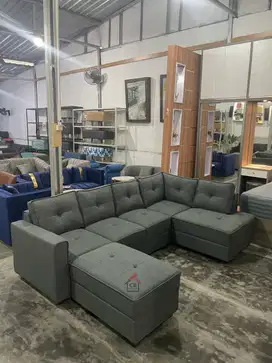 SOFA L SUDUT + PUFF COVER KANVAS ABU PROMOO (READY STOK SIAP KIRIM)