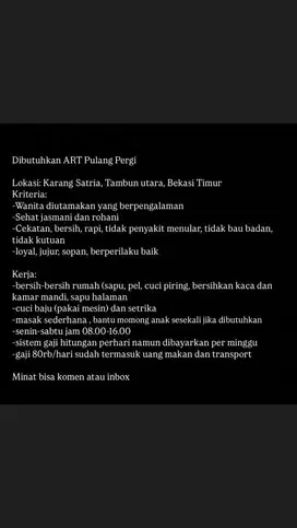 Dibutuhkan ART PULANG PERGI BEKASI TIMUR