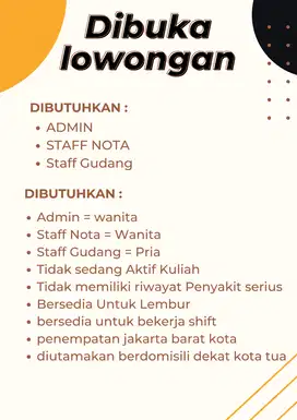 DIBUKA LOWONGAN ADMIN,STAFF NOTA,STAFF GUDANG
