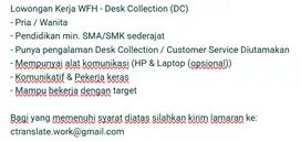 LOWONGAN KERJA WFH - DESK COLLECTION (DC)