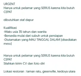 Staff Dapur (Termasuk Cuci Piring)