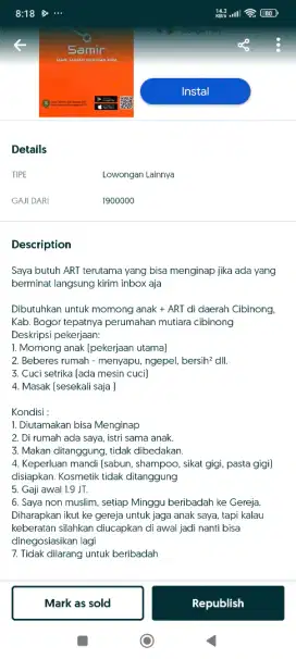 Lowongan Kerja ART Cibinong Menginap