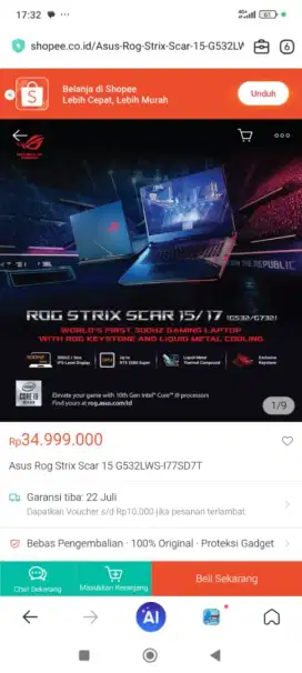 ROG STRIX SCAR III G532LWS I77SD7T RAM 16GB SSD 1TB  NVIDIA RTX Vr 8GB