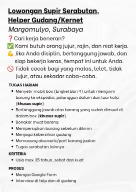 LOKER SUPIR SERABUTAN SURABAYA