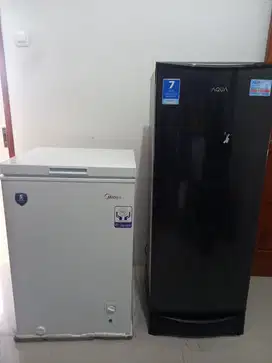Freezer Box Midea 99 Liter dan Kulkas merk Aqua