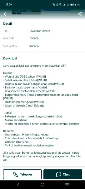 Dibutuhkan art+momong anak 3th
