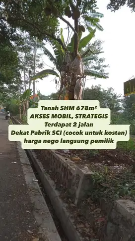 Dijual Tanah Strategis Hook  678 m² Dekat Pabrik SCI
