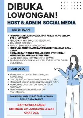 Dibutuhkan segera host live / social media officer toko sound system