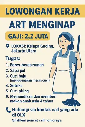 Lowongan Pembantu ART asisten rumah tangga PRT kelapa gading