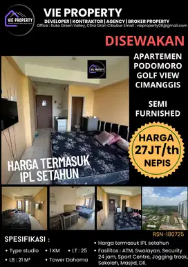 Murah, disewakan apartemen studio unfurnished di Podomoro Golf view