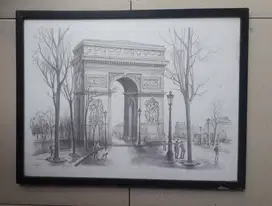 Pajangan lukisan sketsa pensil gambar tugu di kota Paris