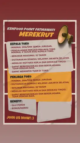 DIBUTUHKAN SEGERA KEPALA TOKO DAN PENJAGA TOKO