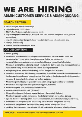 DICARI ADMIN GUDANG / ADMIN OLSHOP