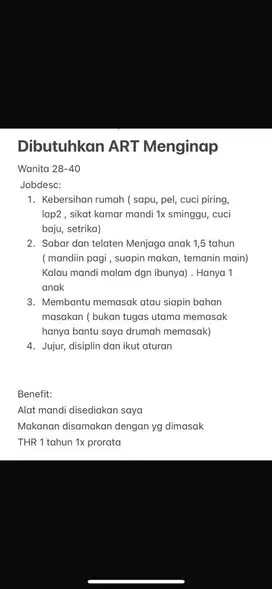 Lowongan ART NGINAP Beberes & Momong