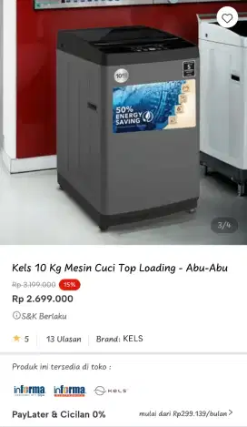 Kels 10kg Mesin cuci top Loading Abu-Abu