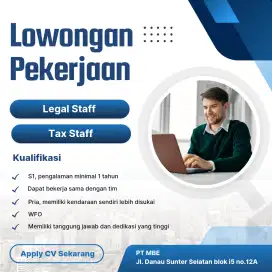 Dibutuhkan SEGERA Tax Staff (Pajak) & Legal Staff (Hukum)