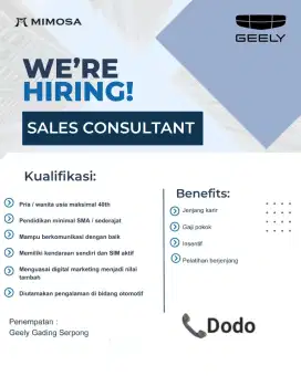 Dibutuhkan Sales Consultant Geely