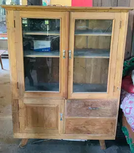 LEMARI KACA KAYU JATI - 2 PINTU ATAS & 3 LACI BAWAH MODEL VINTAGE