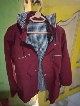 Jaket dobel merah maroon kupluk