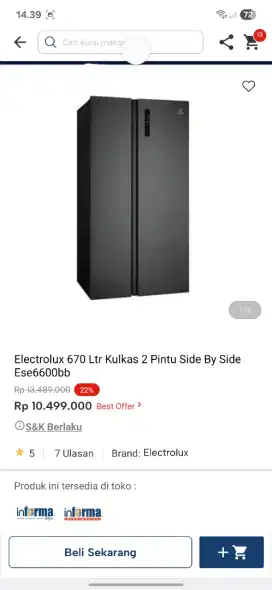 Ready stok kulkas side by side electrolux