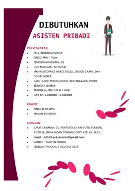 DIBUTUHKAN SEGERA ASISTEN PRIBADI AREA KERJA JABODEBEK GAJI MENARIK