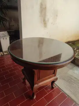 Meja Bulat Kayu Jati + Kaca Tebal – Antik & Elegan
